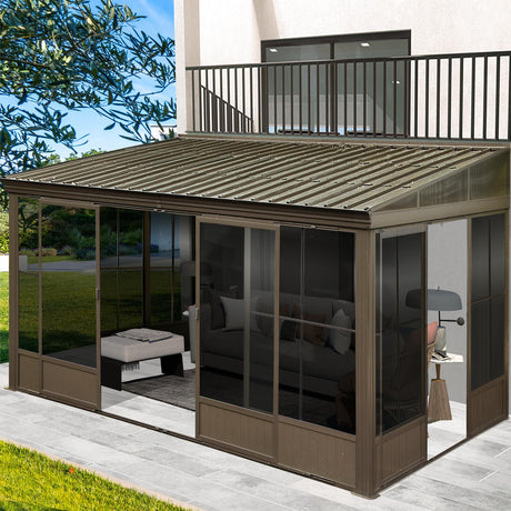 Domi 12x14FT Wall Mounted Sunroom, All-Season Solarium with Front Door & Side Entrance, Galvanized Steel Sloping Roof&Moveable PVC Screen, Outdoor Permanent Sun Room Lean to Gazebo for Deck Patio domi outdoor living