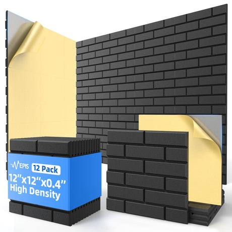 12 Pack Acoustic Panels with Self Adhesive, 12" X 12" X 0.4" High Density Sound Proof Foam Panels for Walls, Soundproof Wall Panels, Brick Sound Absorbing Panels for Home Studio Office Decor - Black NEPIS
