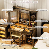 GlasFlength Farmhouse Makeup Vanity Desk with Mirror & Light, 40'' Glass Tabletop Vanity Table with 2 Drawers & Hidden Jewelry Cabinet, Rustic Big Vanity Charging Station Set, Stool Included, Bedroom GlasFlength