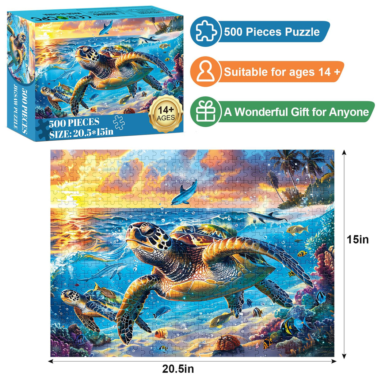 500 Piece Puzzle for Adults-Sea Turtle Puzzle| Recycled Cardboard Jigsaw Puzzles 500 Pieces | Challenging Family Activity Great Gift Idea for Family Friends | Difficult Puzzles Size 20.5X 15 inches Edsjegn