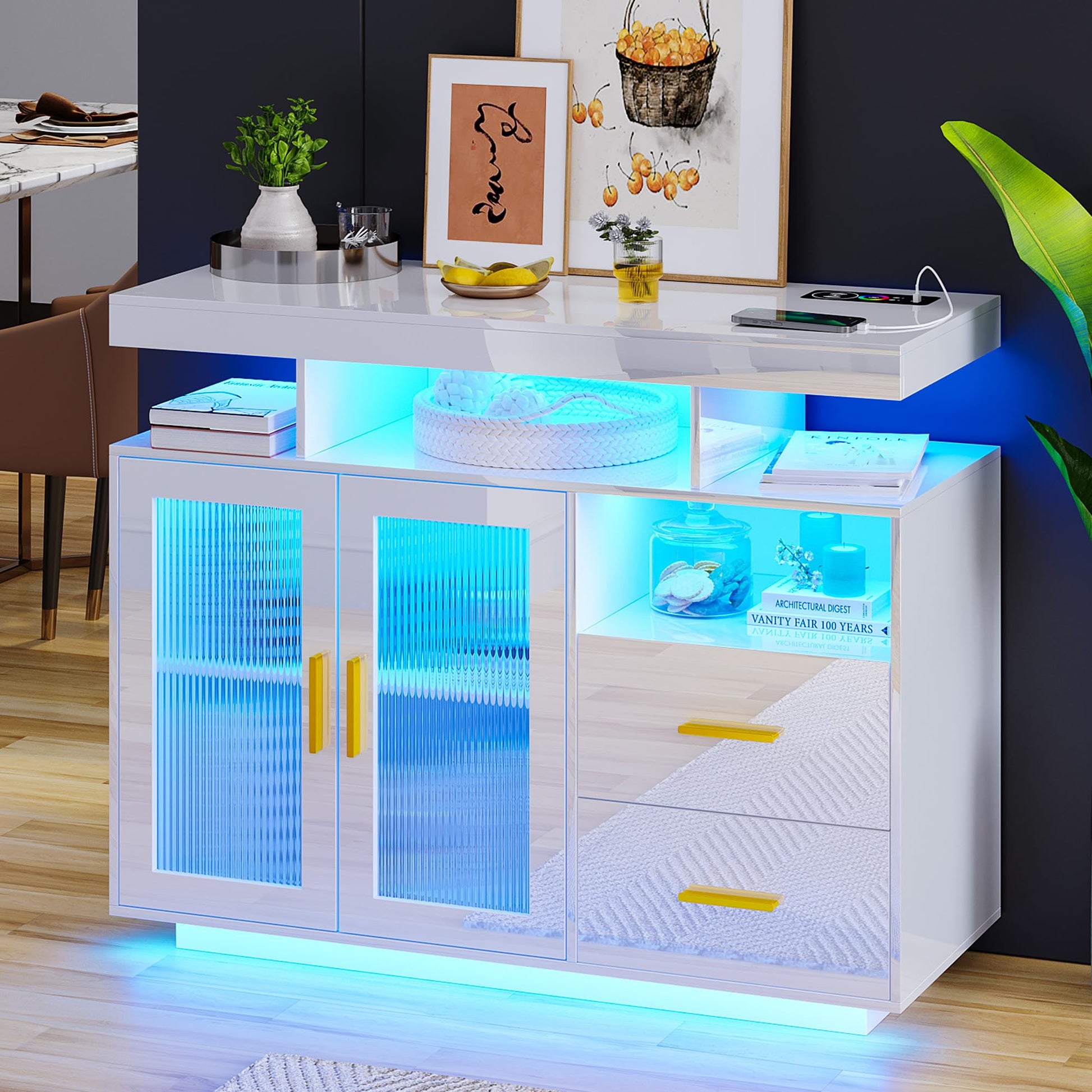 SKKTKT Set of 2 LED Sideboard Buffet Cabinet, 79" Large Coffee Bar Cabinet with Charging Station, High Gloss Kitchen Storage Cabinet with Auto Sensor 24-Color Lights for Dinning Room (White) - WoodArtSupply