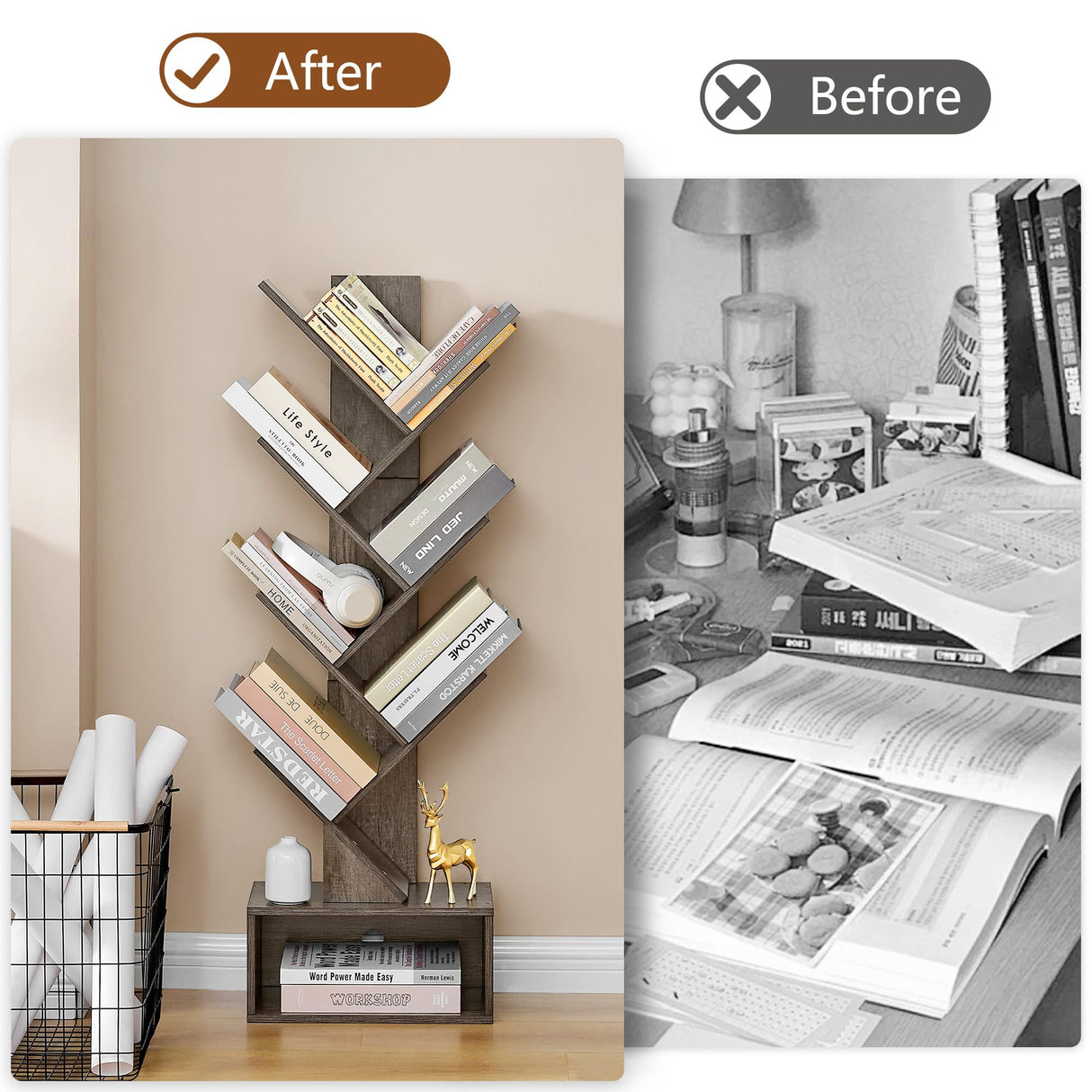 Hoctieon 6 Tier Tree Bookshelf, Tall Bookcase with Drawer, Freestanding Book Shelf, Display Floor Standing Storage Shelf, Book Organizer Shelves for Home Office, Living Room, Bedroom, Grey Hoctieon