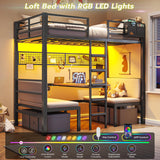 DICTAC Twin Over Twin Bunk Bed with Led Lights and Charging Station Convertible Loft Bed Twin Size with Desk and Seat Metal Bunk Bed with Desk & Safety Guard and Stair,Black(Cushion not Included) DICTAC