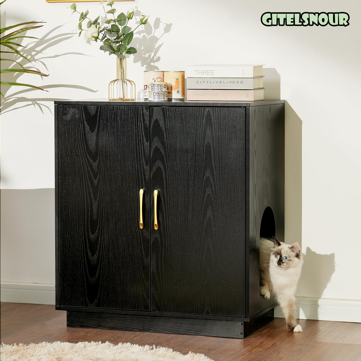 Gitelsnour Litter Box Enclosure, 30.9'' High Large Litter Box Furniture, Modern Cat Litter Box Enclosure with Hidden Storage, Side Table, End Table, Black GCLB003BK Gitelsnour