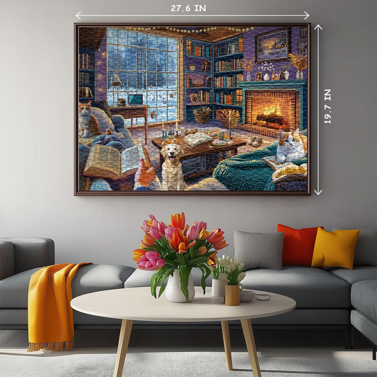 Winter Puzzles for Adults 1000 Piece, Cozy Cabin Puzzle Dog Cat Book Jigsaw Puzzle, Winter Cabin Puzzle Kittens PICKFORU