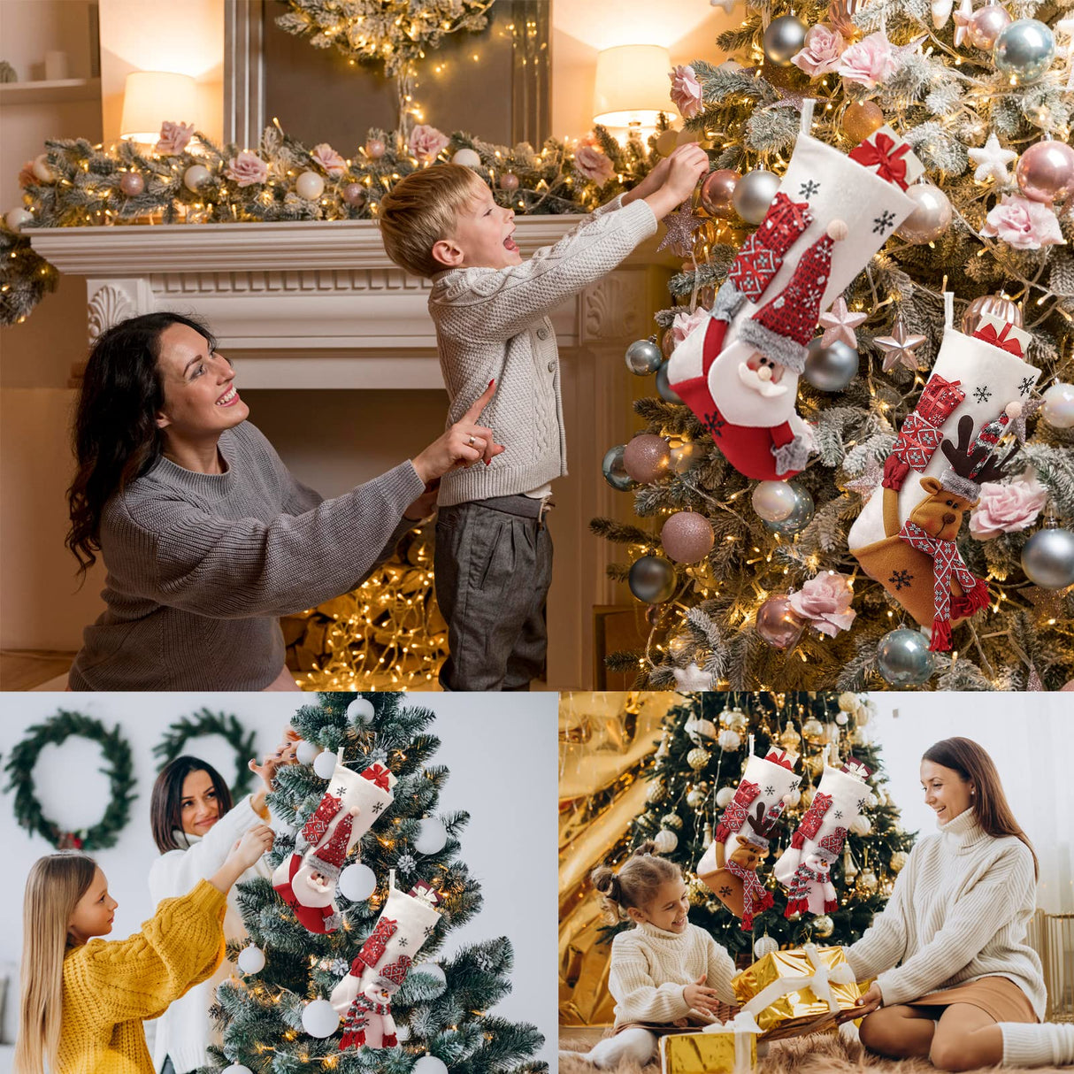 19-Inch Large Velvet Christmas Stockings Pack of 3, Santa, Snowman & Reindeer Fireplace Hanging Stockings, Plush Velvet Christmas Stockings, Plush Christmas Stocking with 3D Figurines & Snowflake masteymoh