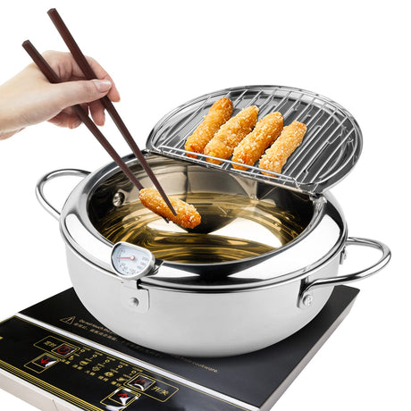 Kerilyn Deep Fryer Pot, 11 Inch/4.2 L Janpanese Style Tempura Frying Pot with Lid, 304 Stainless Steel with Temperature Control and Oil Drip Drainer Rack, for Kitchen French Fries, Chicken etc Kerilyn