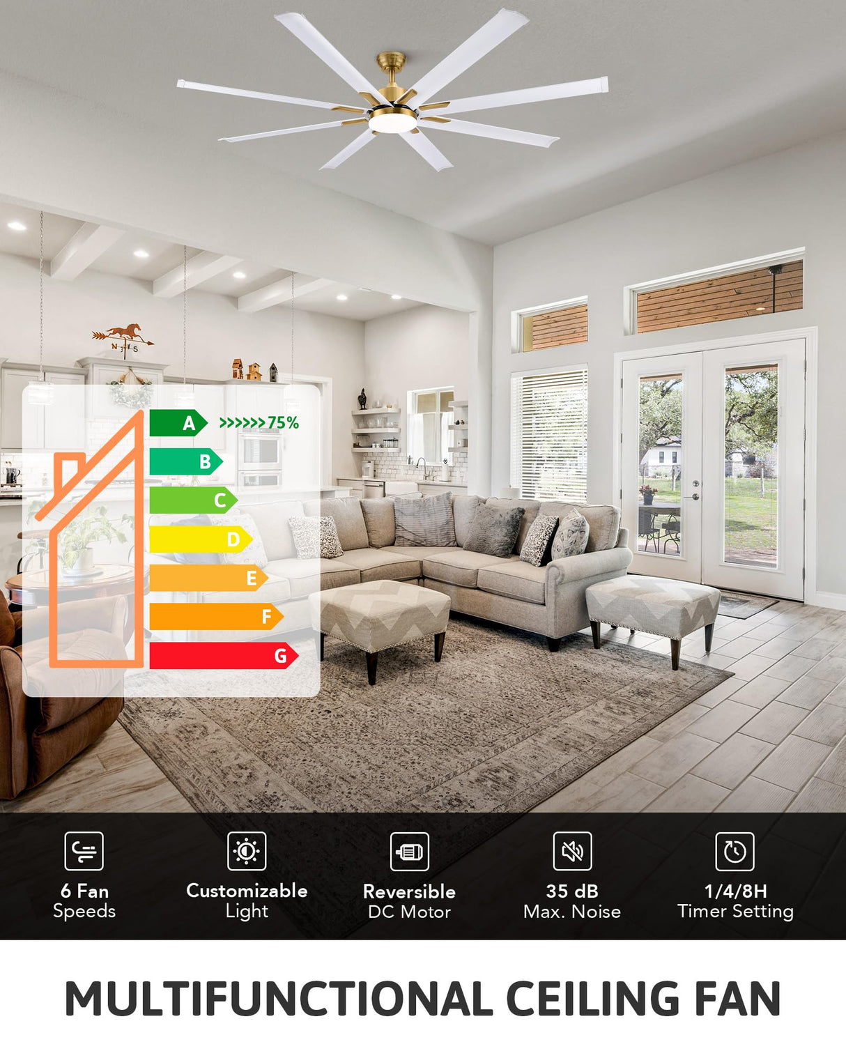 VONLUCE 72 Inch Ceiling Fans with Lights, Large Industrial Ceiling Fan and Remote, 8 Aluminum Blades, 6 Speeds Quiet Reversible DC Motor, Metal Ceiling Fan for Farmhouse Living Room Office, White Gold VONLUCE