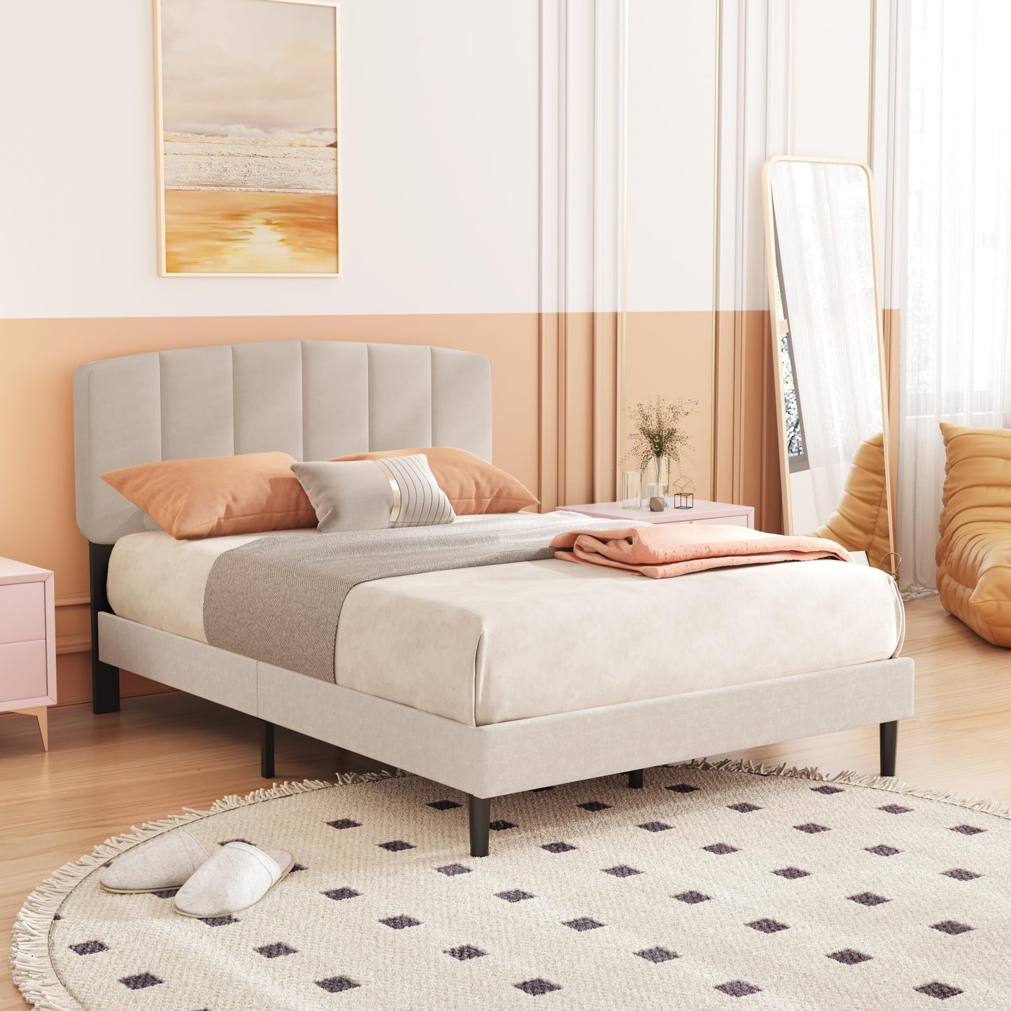 alazyhome Upholstered Full Size Beige Platform Bed Frame with Velvet Upholstered Headboard Wooden Slats Support No Box Spring Needed Easy Assembly