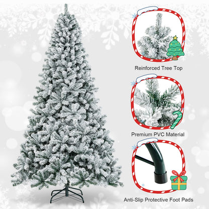 Goplus 9FT Artificial Christmas Tree, Snow Flocked Hinged Pine Tree, Premium PVC Needles/Solid Metal Stand, Xmas Full Tree for Indoor and Outdoor