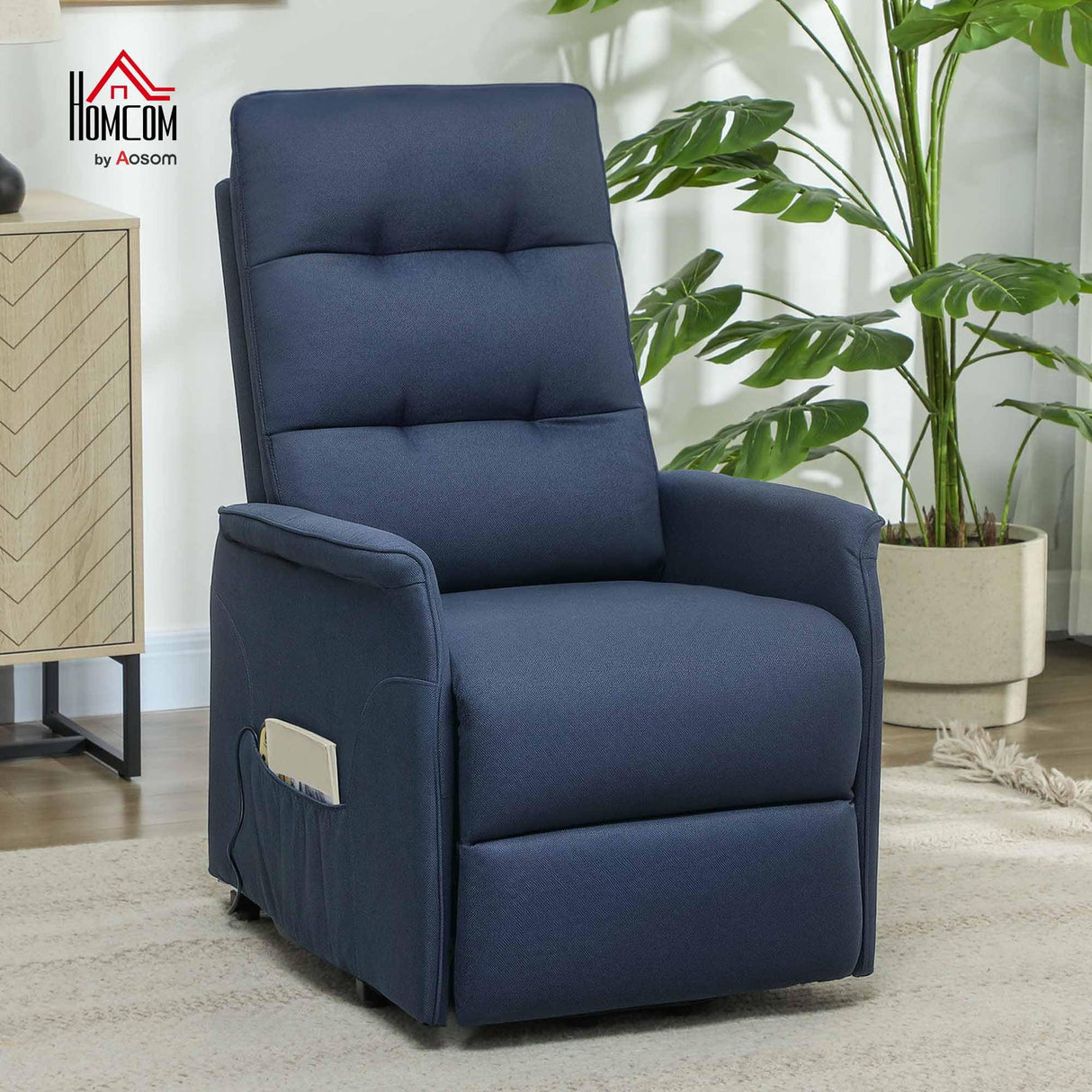 HOMCOM Power Lift Recliner Chair for Elderly, Fabric Lift Chair Sofa with Remote Control, Side Pockets, Pocket Spring, Tufted Back, Quick Assembly, Deep Blue HOMCOM