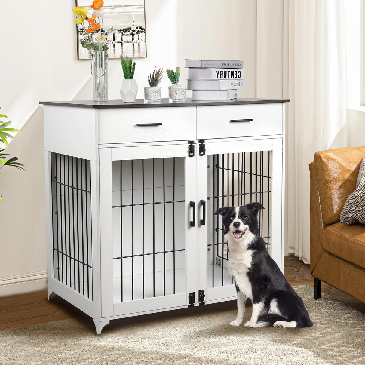 Snowtaros Dog Crate Furniture, 36.6 Inch Large Dog Crate with Drawers, Wooden Dog Kennel Indoor for Small Medium Large Dogs, Heavy Duty Dog Crate End Table with Double Doors Snowtaros