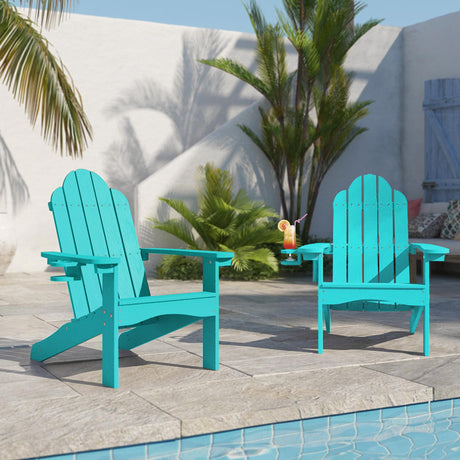 LUE BONA Poly Lumber Adirondack Chair Set of 2, Aruba Blue Adirondack Chairs with Cup Holder, 350LBS Modern Resin Patio Adirondack Chair Weather Resistant for Fire Pit, Balcony, Backyard LUE BONA