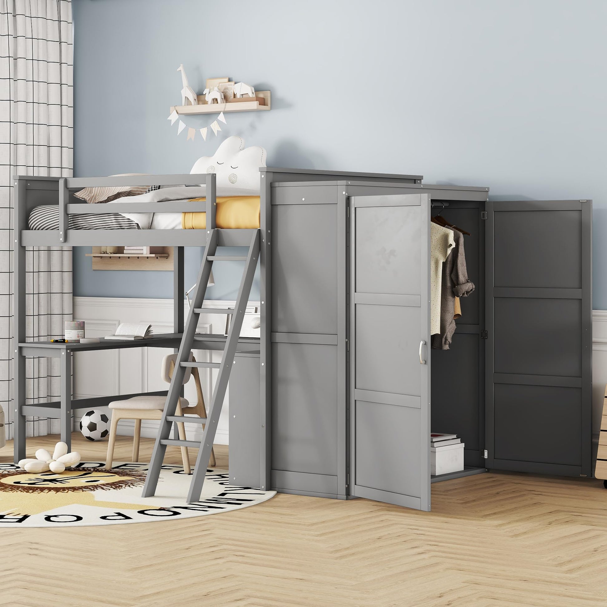 SOFTSEA Grey Full Size Loft Bed with Wardrobe, Desk & Storage Shelves for Enhanced Living - WoodArtSupply