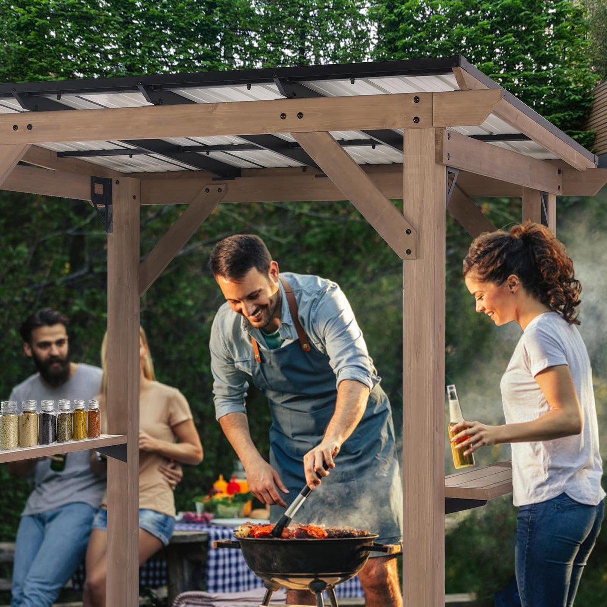 8x6 FT Wood Grill Gazebos, BBQ Wooden Gazebo with Hardtop Sloping Steel Roof, Wood Outdoor Pavilion with 2 Side Storage Shelves,Cedar Frame Patio Gazebo for Barbecue, Garden, Deck (Grey) StarEcho