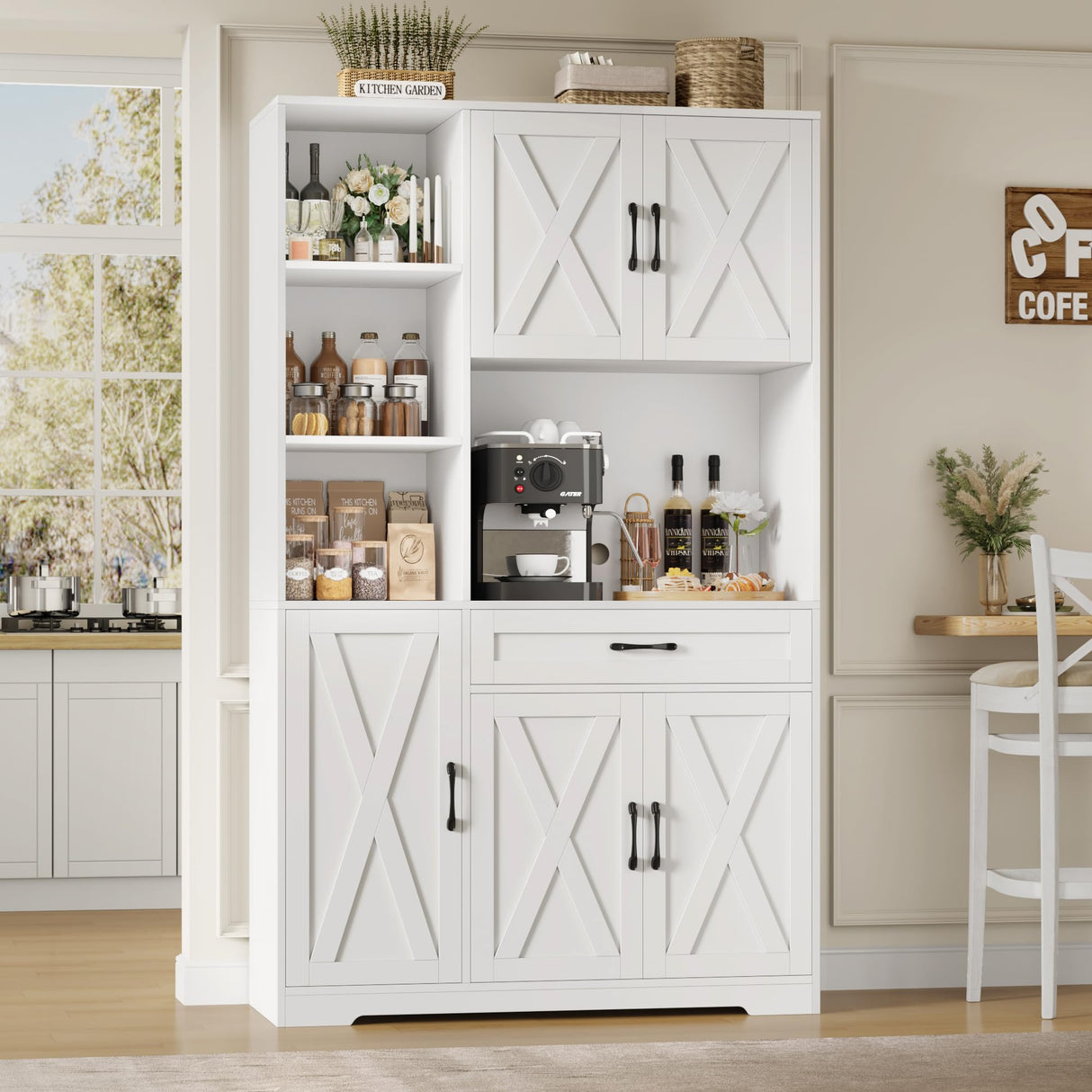 HOSTACK 71" Tall Kitchen Pantry Storage Cabinet, Farmhouse Food Pantry Cabinet with Microwave Stand, Barn Doors Kitchen Hutch Cabinet with Large Drawer and Shelves for Dining Room HOSTACK