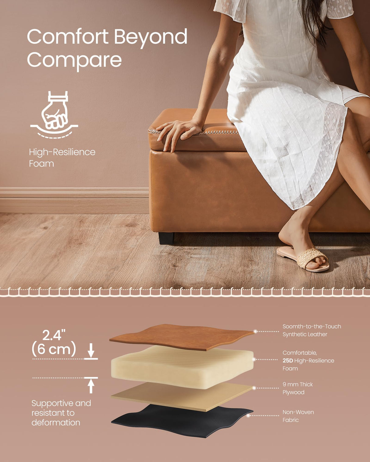 VASAGLE EKHO Collection - Storage Ottoman Bench, Entryway Bedroom Bench, 25 Gallons, Synthetic Leather with Stitching, Mid-Century Modern, Safety Hinges, Loads 660 lb, Caramel Brown ULOM075K01 VASAGLE