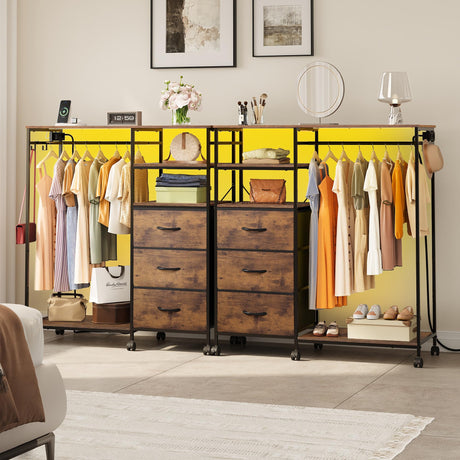 WLIVE Dresser with Hanging Rack for Bedroom, 3 Drawer Dresser with LED Lights & Charging Station, Fabric Dressers & Chest of Drawers, Storage Organizer with Open Shelves for Living Room, Brown WLIVE