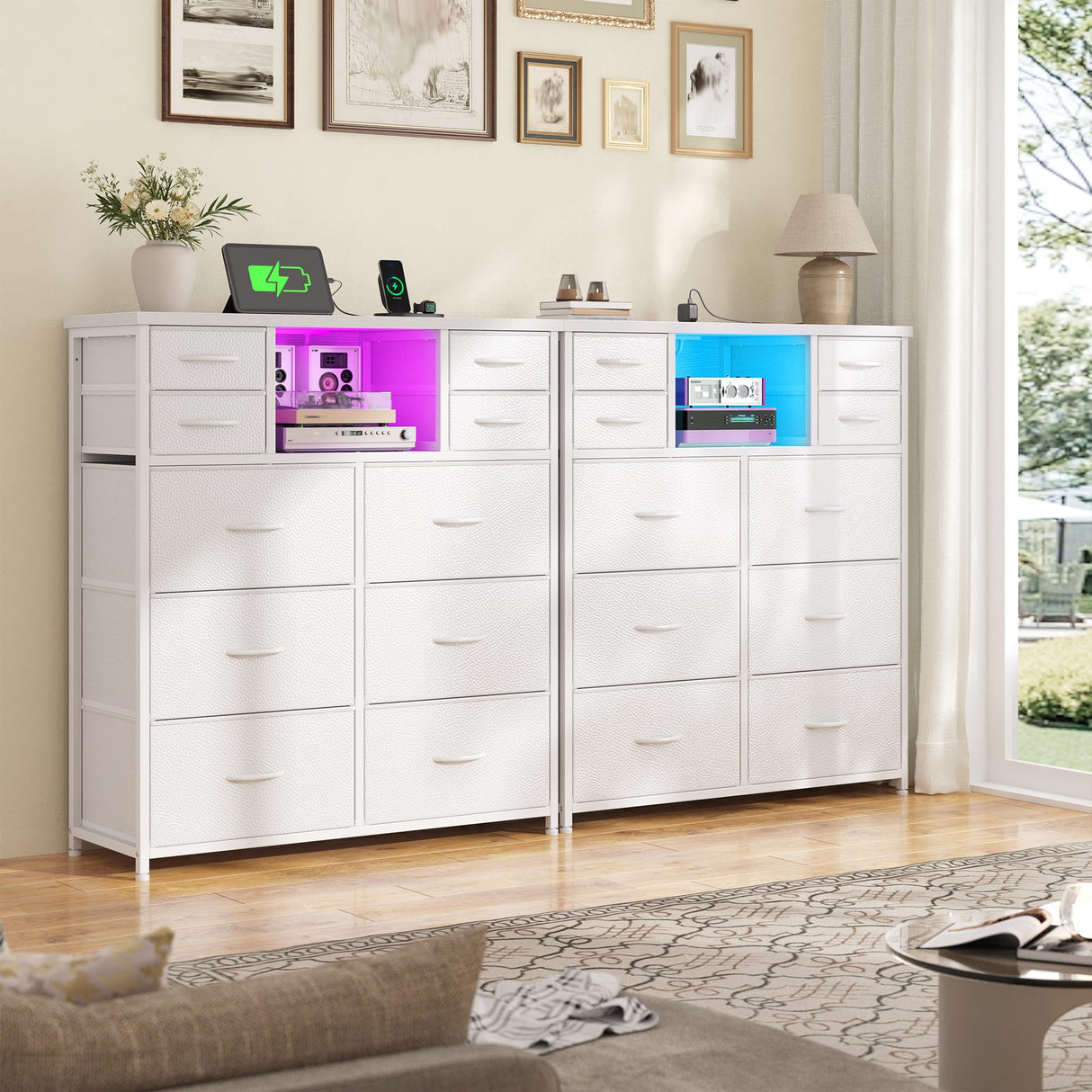 White Dresser for Bedroom with 10 Fabric Drawers,Organizer Unit with LED Light & Charging Station,Sturdy Chest of Drawers with 2 Open Shelves for Hallway,Living Room 11.8"D x 35.4"W x 39.4"H DurayLoly