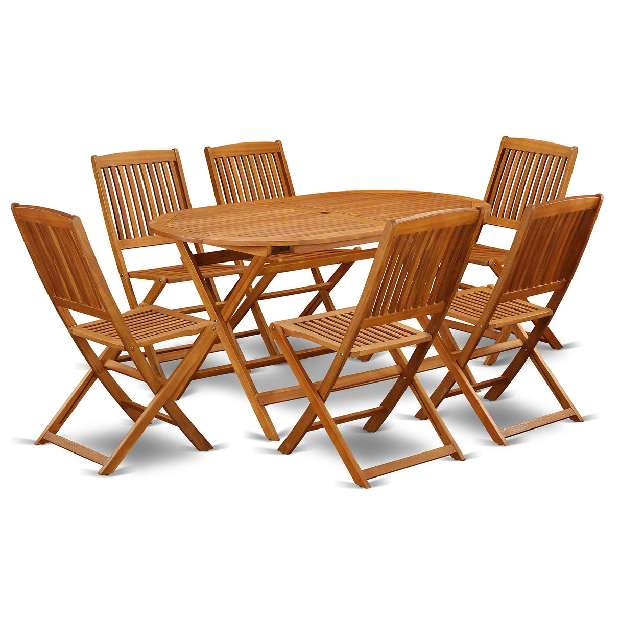 East West Furniture DICM7CWNA Diboll 7 Piece Patio Dining Set Consist of an Oval Outdoor Acacia Wood Table and 6 Folding Side Chairs, 36x60 Inch, Natural Oil East West Furniture
