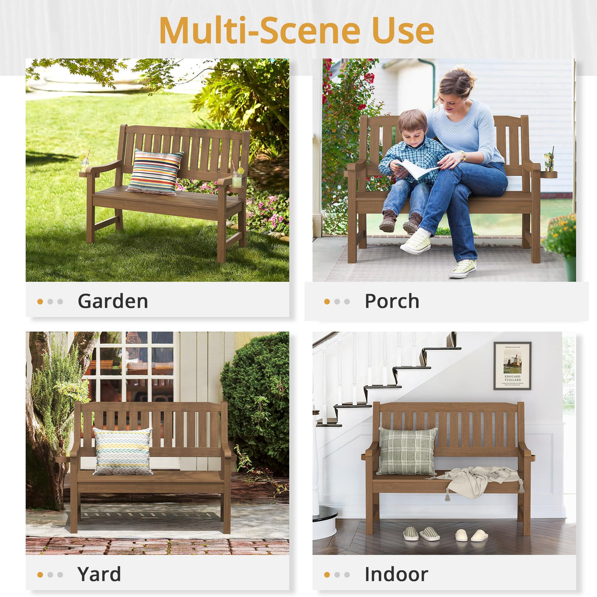 LUE BONA Outdoor Bench, 2-Person HDPS Garden Bench, Outdoor Benches Weatherproof, All-Weather Fade/Rot Resistant Patio Bench for Park, Front Porch, Backyard (Brown-Oil Printed) LUE BONA