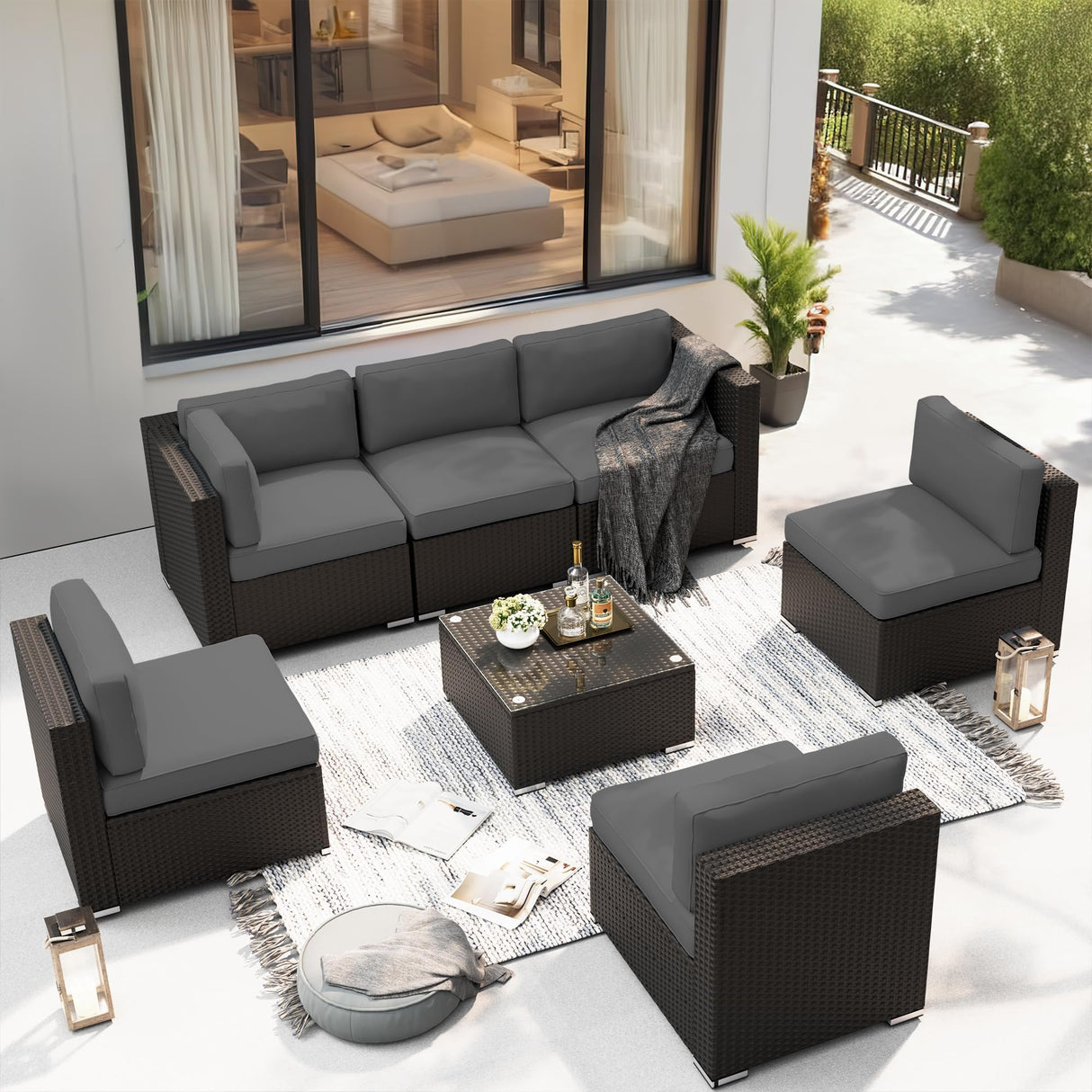 SUNCROWN 7-Piece Outdoor Patio Furniture Sofa Set All-Weather Black Wicker Sectional Conversation Set with Modern Glass Coffee Table and Cushions, Backyard, Garden, Poolside, Grey SUNCROWN