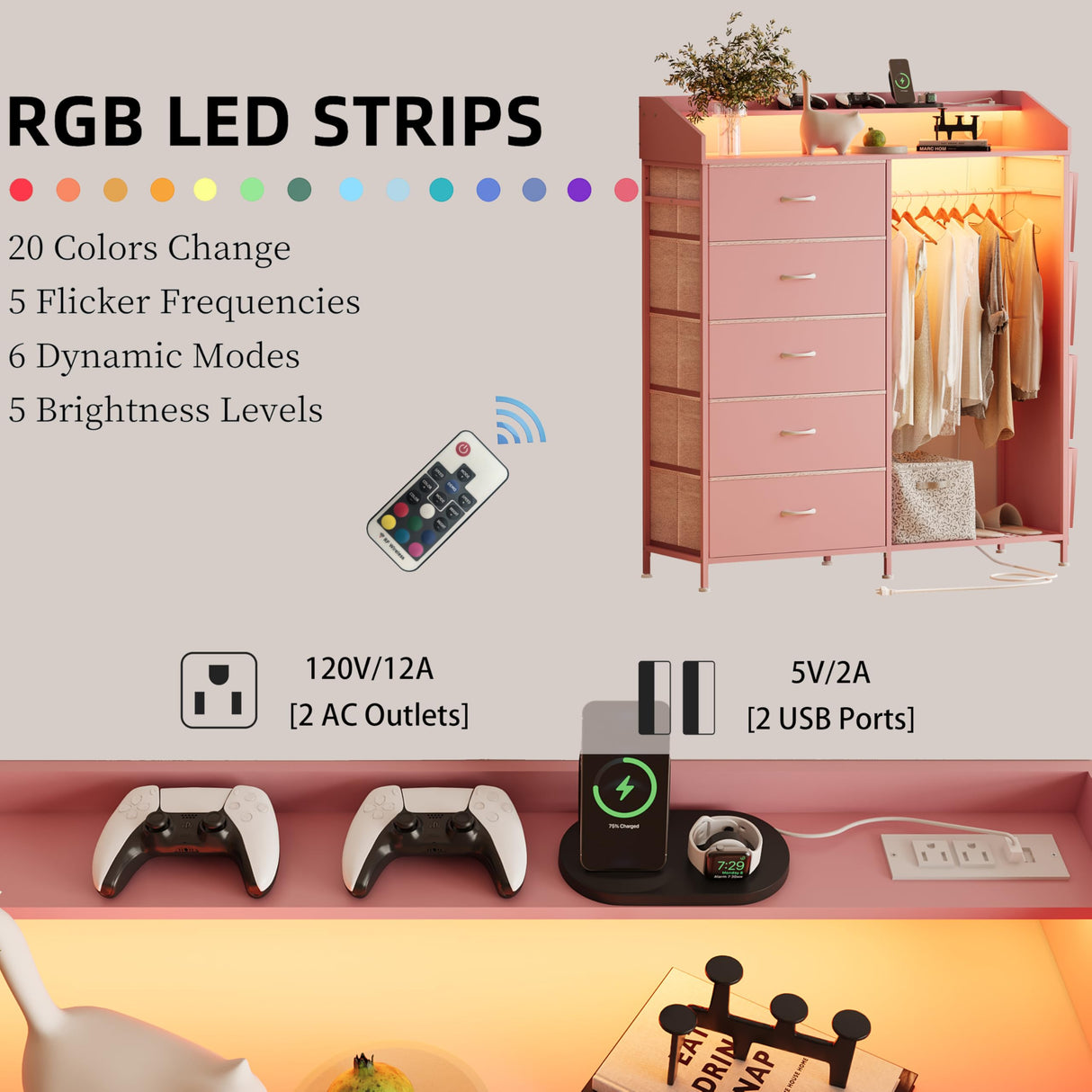 LUMTOK 2-in-1 Dresser with Hanging Racks,5 Fabric Drawers Dressers with LED Lights, Charging Station for Bedroom Living Room, Entryway, Closets (Pink) LUMTOK