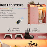 LUMTOK 2-in-1 Dresser with Hanging Racks,5 Fabric Drawers Dressers with LED Lights, Charging Station for Bedroom Living Room, Entryway, Closets (Pink) LUMTOK