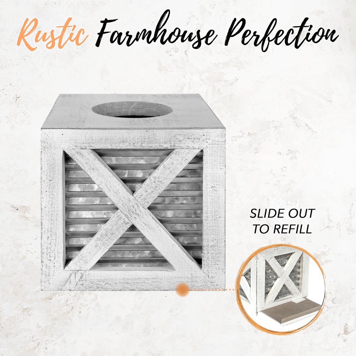Autumn Alley Barn Door Square Farmhouse Tissue Box Cover in White and Galvanized – Farmhouse Bathroom Accessories – Rustic Bathroom Décor Tissue Holder | Wood Shabby Chic Tissue Box Cover Autumn Alley
