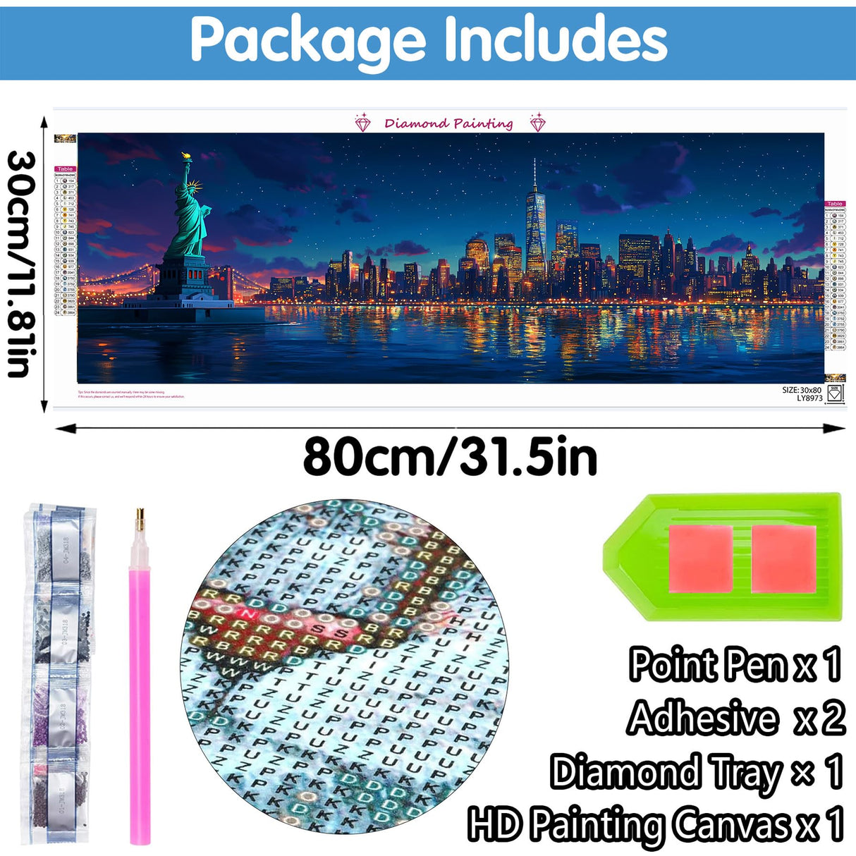 Reofrey Large Diamond Art Kits for Adults New York City, 30x80cm/12x31.5inch Full Drill Round Rhinestone Big Diamond Painting Kit Landscape, Cross Stitch Embroidery Canvas for Crafts Home Wall Decor Reofrey