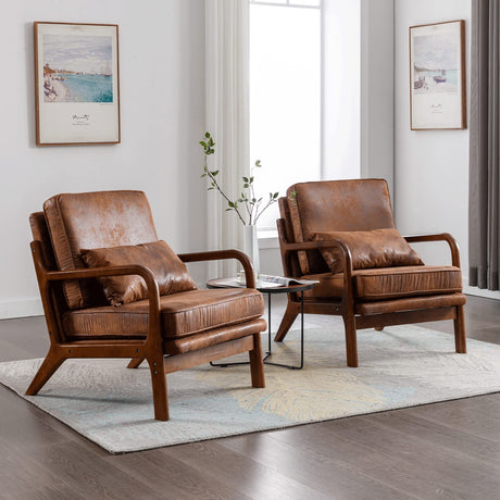 Mid Century Modern Accent Chair Set of 2 Living Room- Comfy Solid Wood Arm Chair with Lumber Pillow Lounge Decorative Brown Leather Office Side Chair Bedroom Reading Nook Sillas De Sala Microfiber Deolme