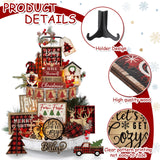 Shellwei 24 Pcs Christmas Tiered Tray Decor Wood Rustic Christmas Decoration for Home Table Shelf Christmas Winter Farmhouse Decor Xmas Trees Gnome Elk Snowflake Wooden Signs Buffalo Plaid Table Decor Shellwei