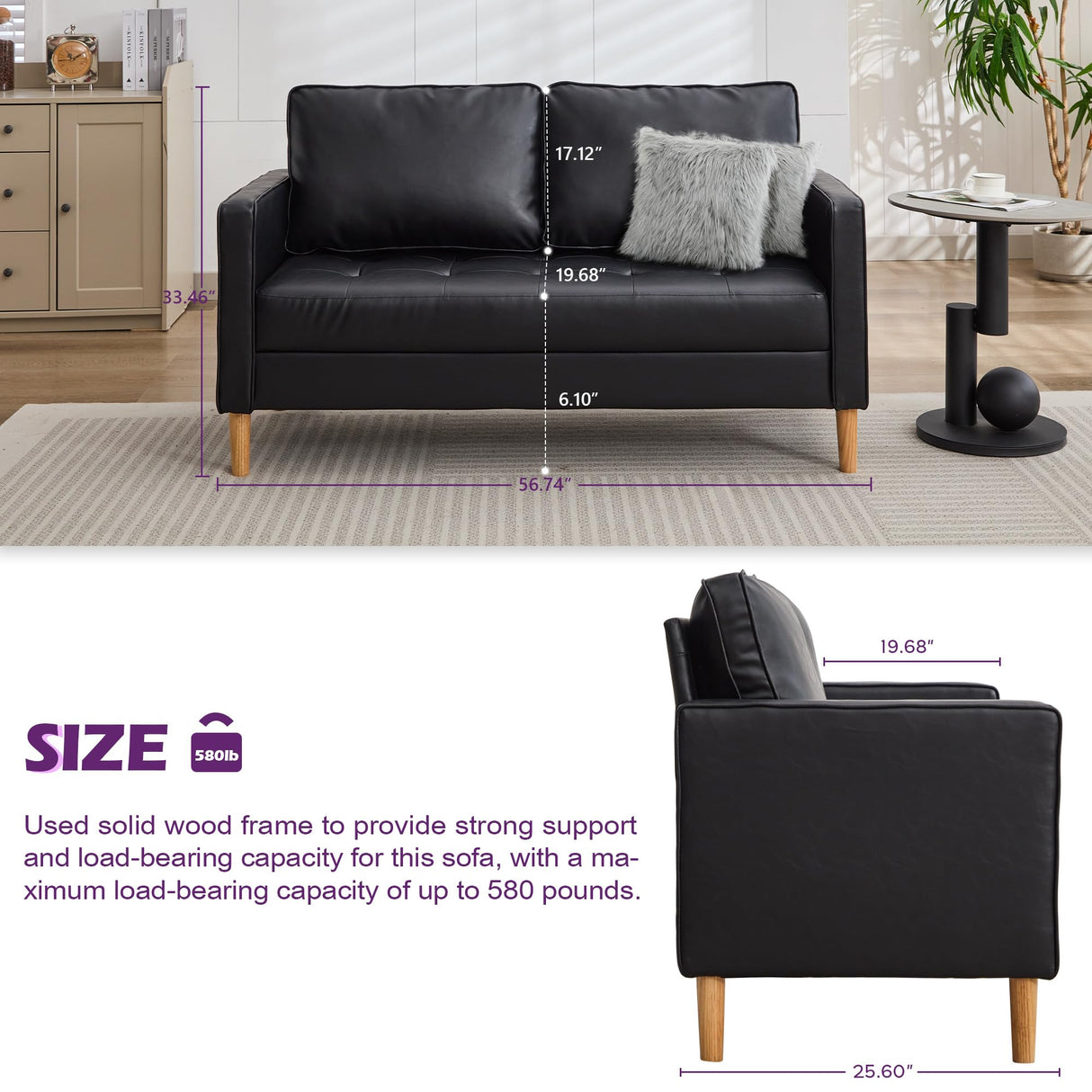 TYBOATLE 57" Small Black Faux Leather Sofa Couches, 3 Piece Living Room Set, Mid-Century Modern Tufted Comfy Loveseat, 2 Seater Office Couch Love Seat for Small Space Bedroom Drom Apartment TYBOATLE