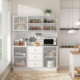 VOWNER Large Kitchen Hutch Cabinet with 3 Metal Doors & Pegboard, Pantry Storage Cabinet with Cup Holder & Power Outlet, Freestanding Cupboard for Kitchen, Dining Room (White) VOWNER