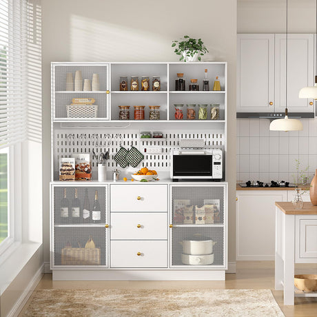 VOWNER Large Kitchen Hutch Cabinet with 3 Metal Doors & Pegboard, Pantry Storage Cabinet with Cup Holder & Power Outlet, Freestanding Cupboard for Kitchen, Dining Room (White) VOWNER