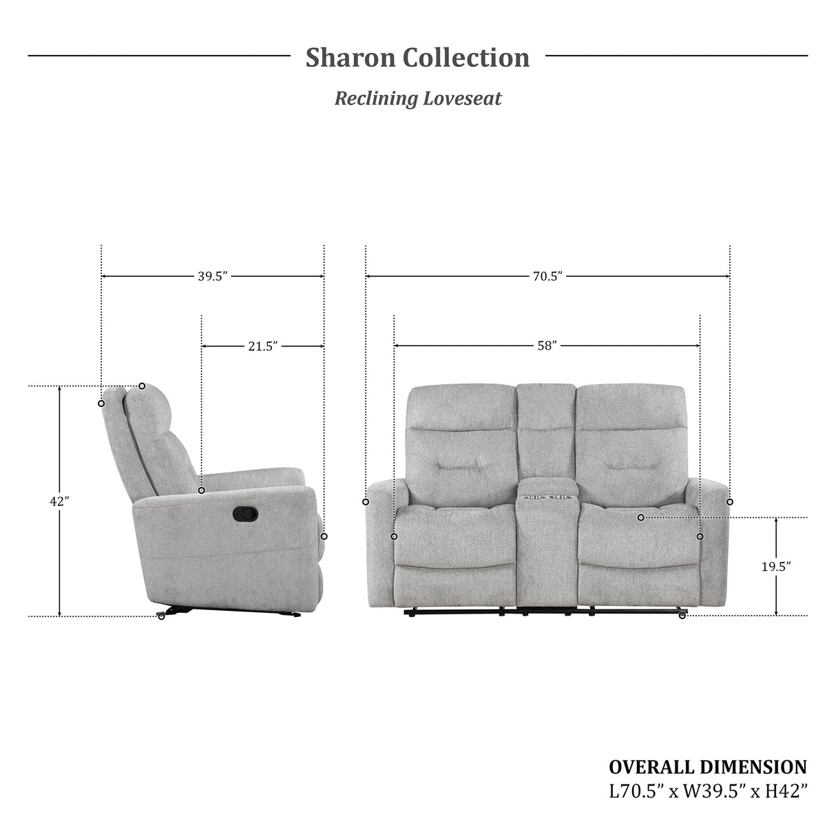 Lexicon Recliner Sofa for Living Room, Double Recliner RV Couch, Manual Wall Hugger Recliner Home Theater Seating Chenille Reclining Sofa, 58''W Loveseat with Center Console, Grey Lexicon