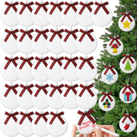 PullCrease 30 Pieces Blank Christmas Ornaments for Crafting, Sublimation Flat Ornaments DIY Matte White Ornaments Buffalo Plaid Bows Hanging Christmas Tree Balls for DIY Crafts (Silver Rope) PullCrease