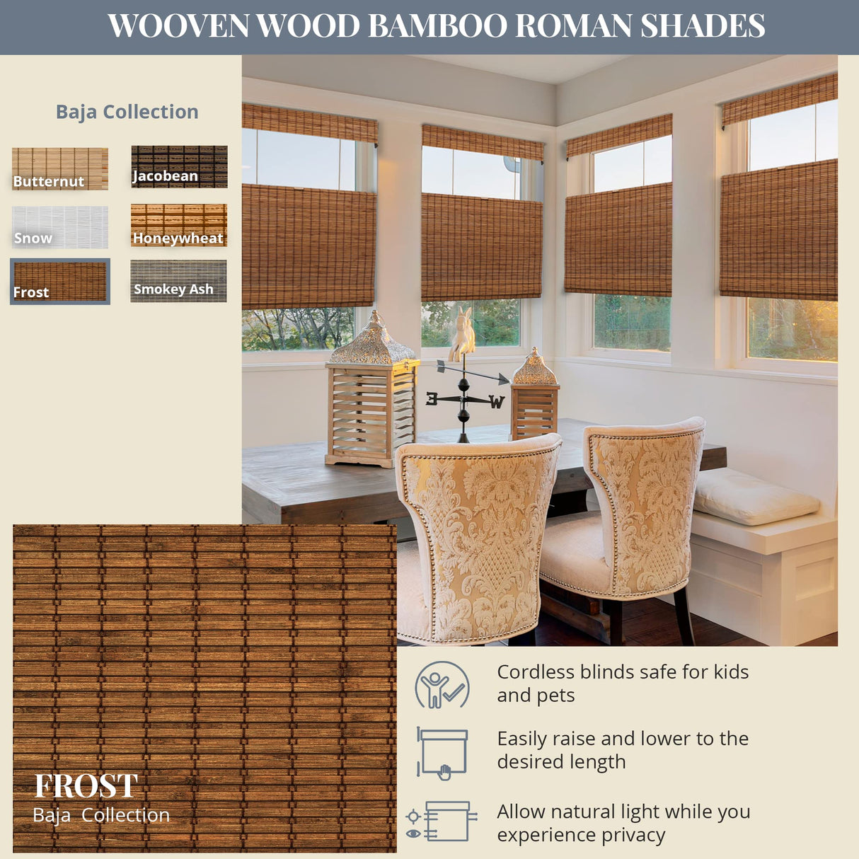 CHICOLOGY Top Down Bottom Up Cordless Bamboo Blinds, Bamboo Blinds, Roman Window Shade, Window Shade Roman, Patio Blinds and Shades, Porch Shades Outdoor Roll Up, Frost, 35" W X 64" H CHICOLOGY
