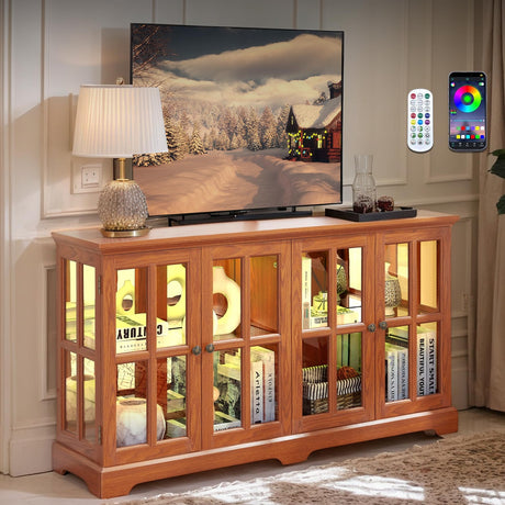 59" W LED Curio Cabinet with 7 Color Lights, Vintage Glass Display Case with Glass Doors, Smartphone-Controlled, Short Wooden China Cabinet with Adjustable Shelves for Living Room, Entryway (Dark Oak) CKEASEAN