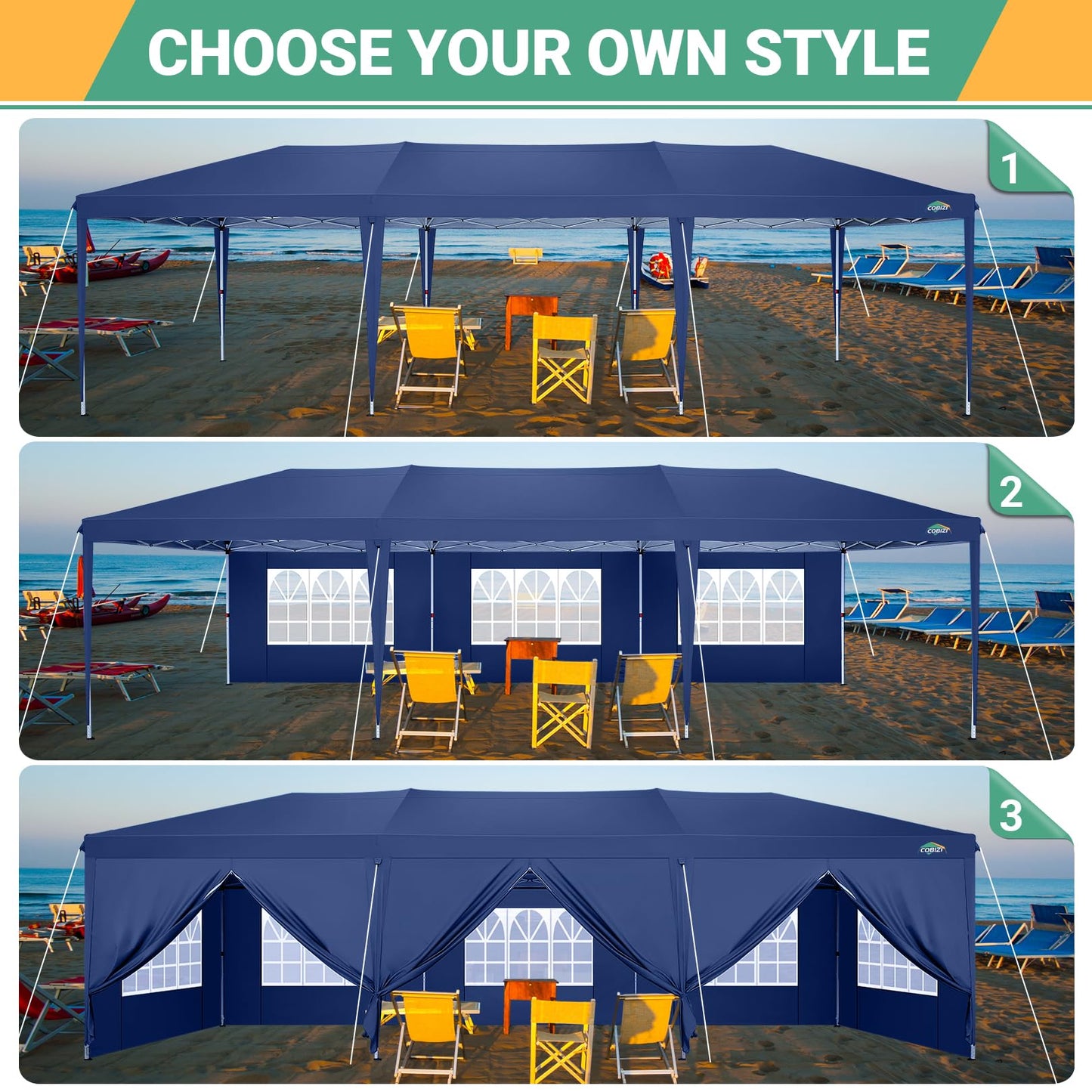 COBIZI 10x30 Canopy Party Tent with 8 Walls 10x30 Pop Up Tent for Parties Waterproof UPF 50+ Outdoor Commercial Event Tent for Party Backyard Gazebo Canopy with Sidewalls & Sandbags(navy blue,10x30ft