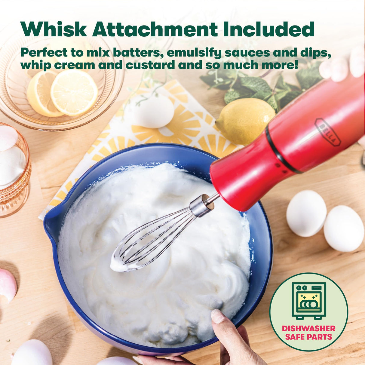 BELLA Immersion Hand Blender, Portable Mixer with Whisk Attachment - Electric Handheld Juicer, Shakes, Baby Food and Smoothie Maker, Stainless Steel, Red BELLA