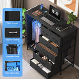 WODRAWER 6 Drawer Dresser for Bedroom with Clothes Rack, Clothes Dresser with Side Pockets and Hooks, Charging Station & LED Lights, Wooden Top, Fabric Storage (Black) WODRAWER