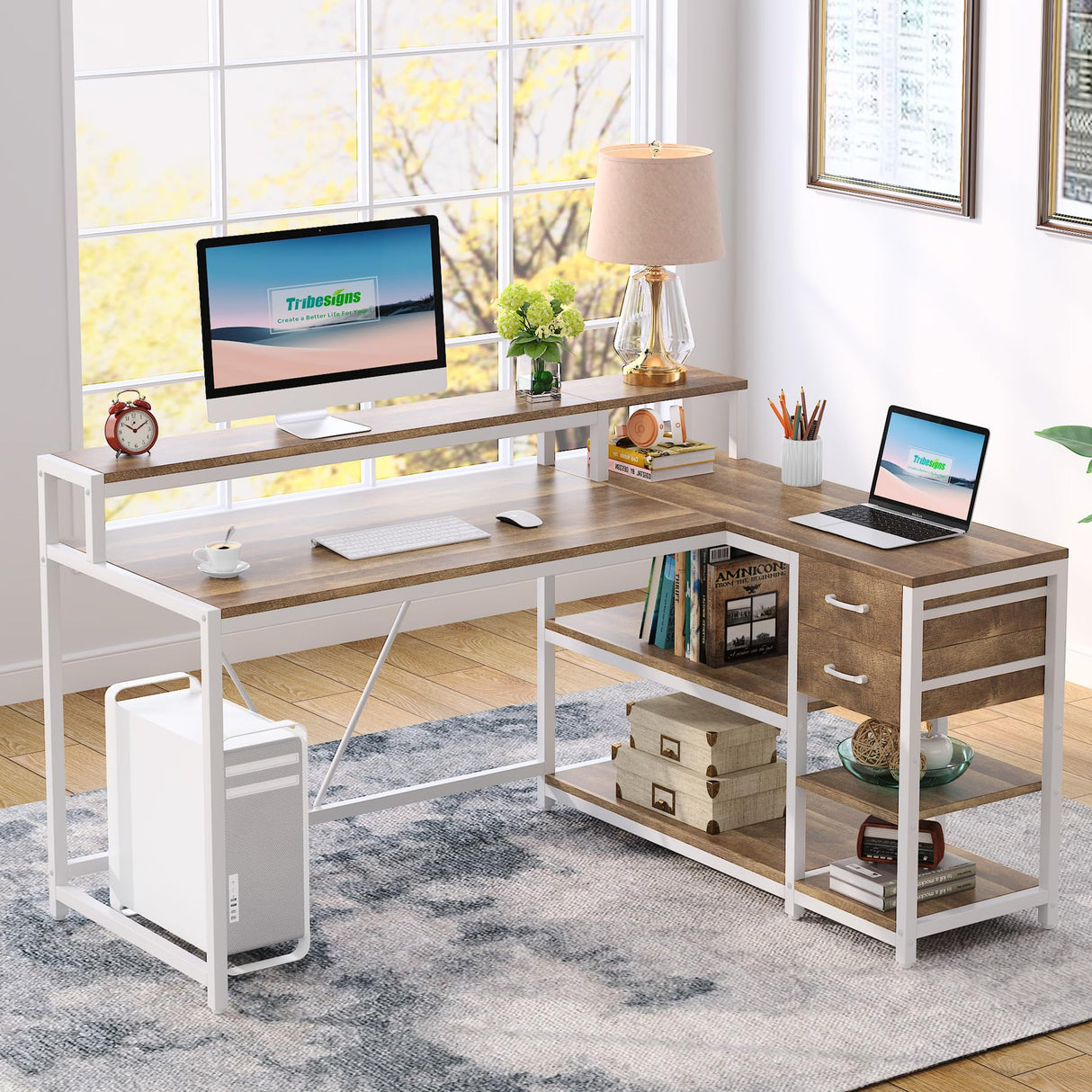 Tribesigns 55-Inch Reversible L-Shaped Desk with Drawers and Storage Shelves in Oak Tribesigns