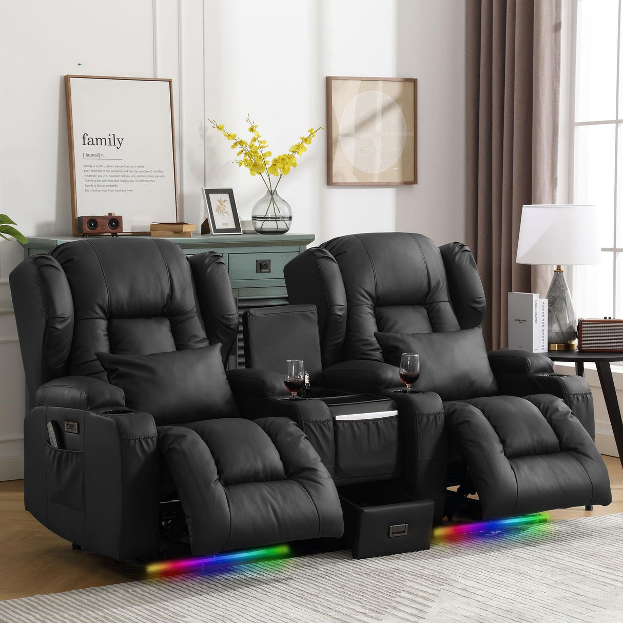 DRMBOOK Power Recliner Chair Set of 2, Faux Leather Wall Hugger Reclining Sofa, Double Electric Home Movie Sofa with Massage & Heat, 2 Person Recliner Set with LED Light for Living Room RV, Black DRMBOOK