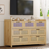 VIAGDO 7 Drawer Dresser for Bedroom, Rattan Chest of Drawers with LED Lights, Wood Storage Dresser Chest with Metal Handle, Modern Storage Cabinets for Closet,Bedroom,Living Room,Hallway VIAGDO