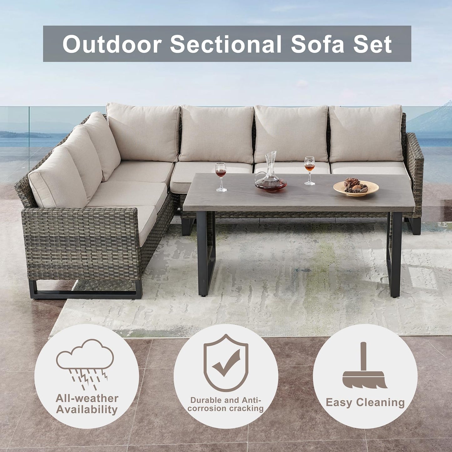 Belord Outdoor Sectional Furniture with Swivel Rocker Chair, 10 Pieces Wicker Patio Furniture Sets with Ottoman L Shaped Sofa Coffee Table Beige Cushion