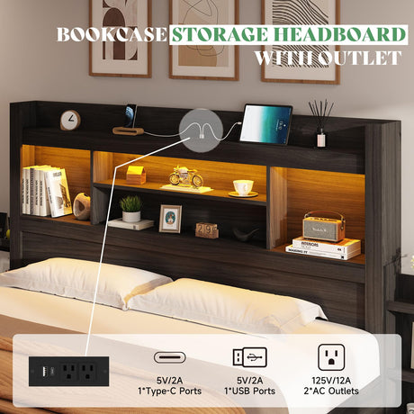 AMERLIFE Full Size Bed Frame with 4 Storage Drawers, LED Bed Frame with 49.6" Tall Bookcase Headboard, Wood Platform Bed with Charging Station & 2 Slide Bedside Shelf, No Box Spring Needed/Black AMERLIFE