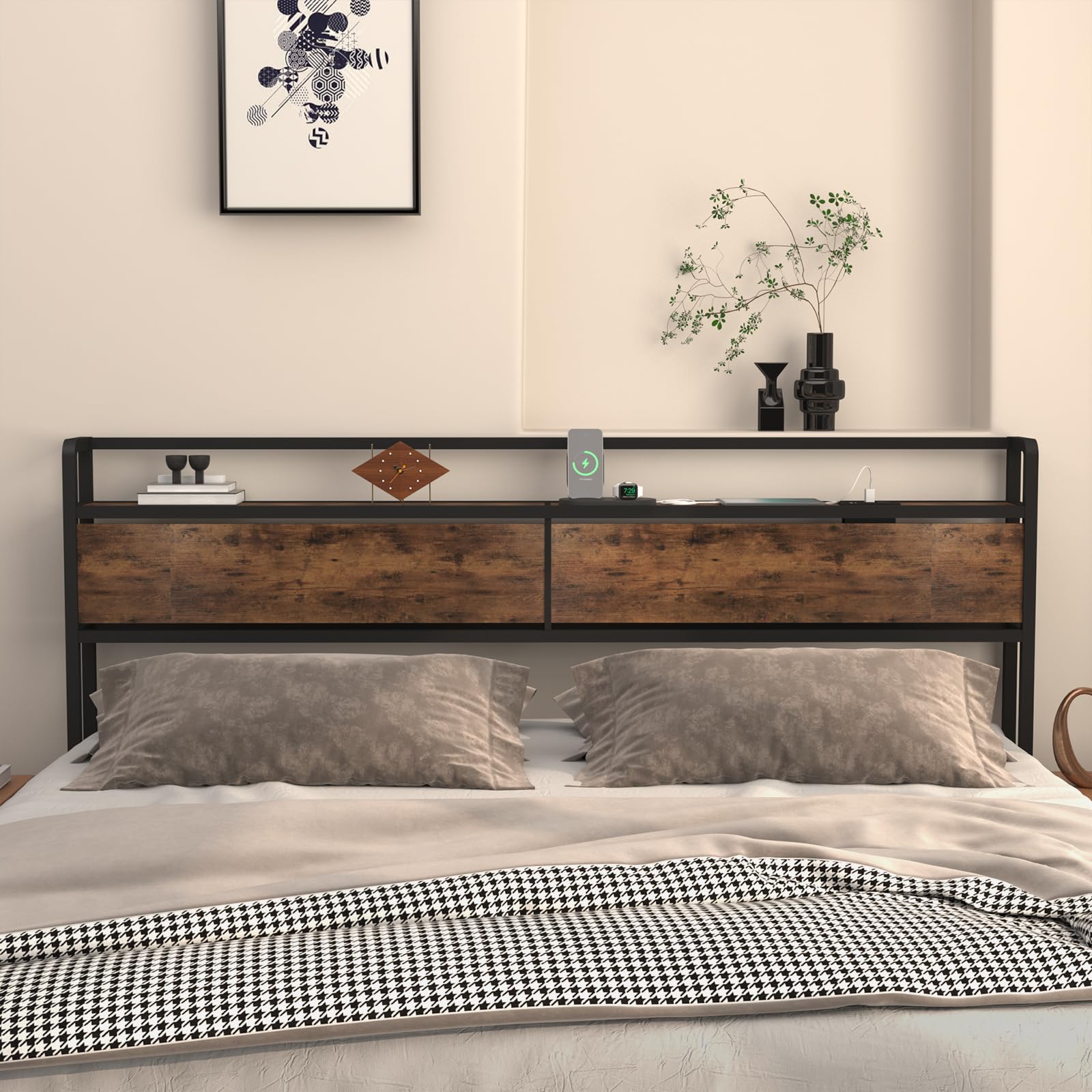 Curotunk Retro LED King Size Headboard with Storage and USB Charging - WoodArtSupply