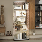 Mcltopz 5 Shelves Glass Display Cabinet with Bluetooth LED Light Strip, 2-Door Floor Standing Curio Cabinet with Universal Wheel&Lock&Mirror Back Panel, White Glass Bookshelf for Collections, Wood Top Mcltopz