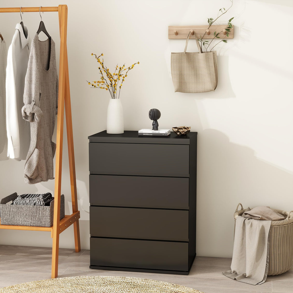 Modern Chest of Drawers, 4/5/6 Drawer Dresser Without Handles Floor Storage Drawer Cabinet Vertical Dresser Storage Organizer for Home Office (4 Drawers, Black) Panana